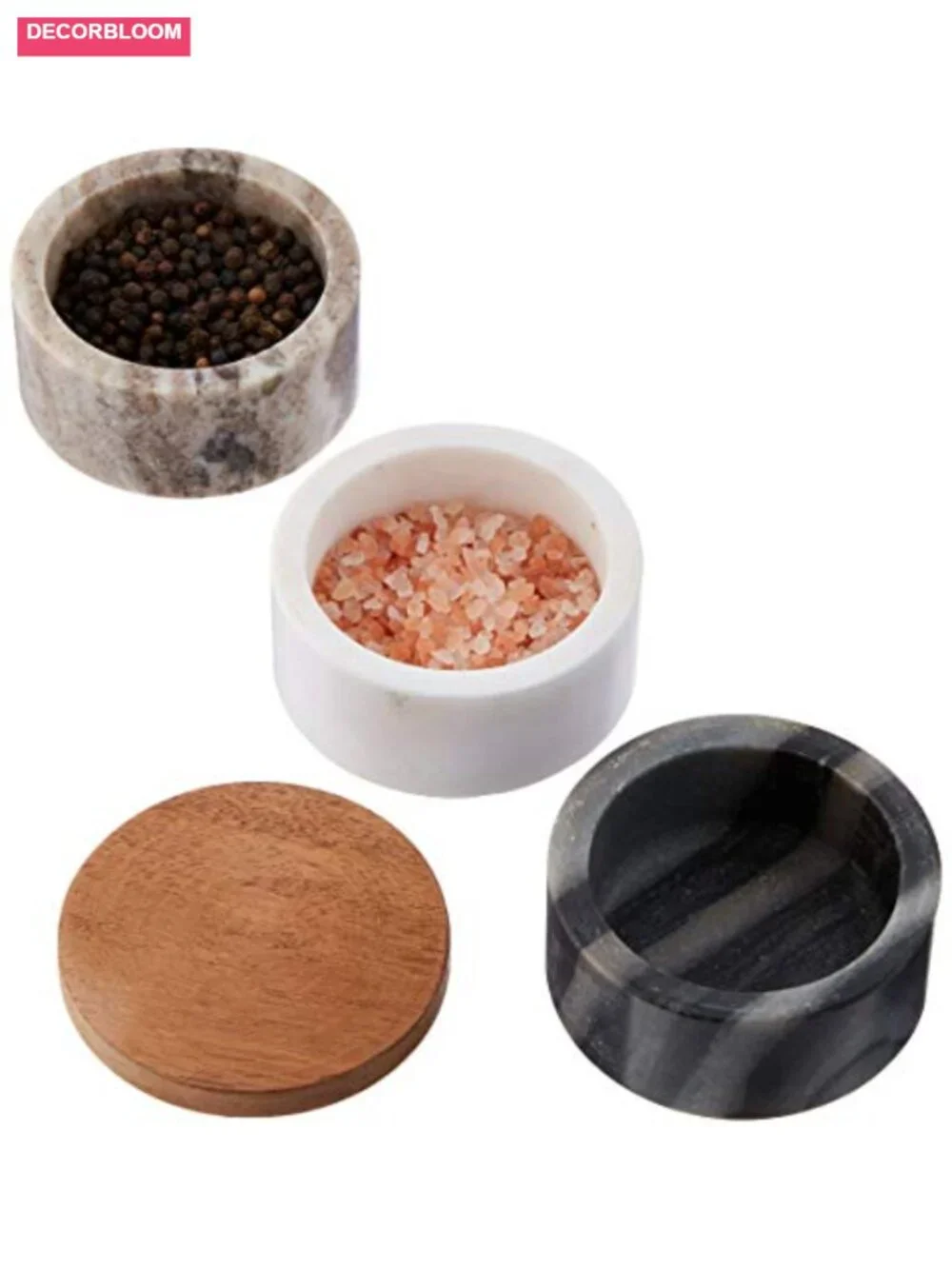 Marble Stacking Pinch Pots with Acacia Wood Lid Set of 3 Kitchen Storage